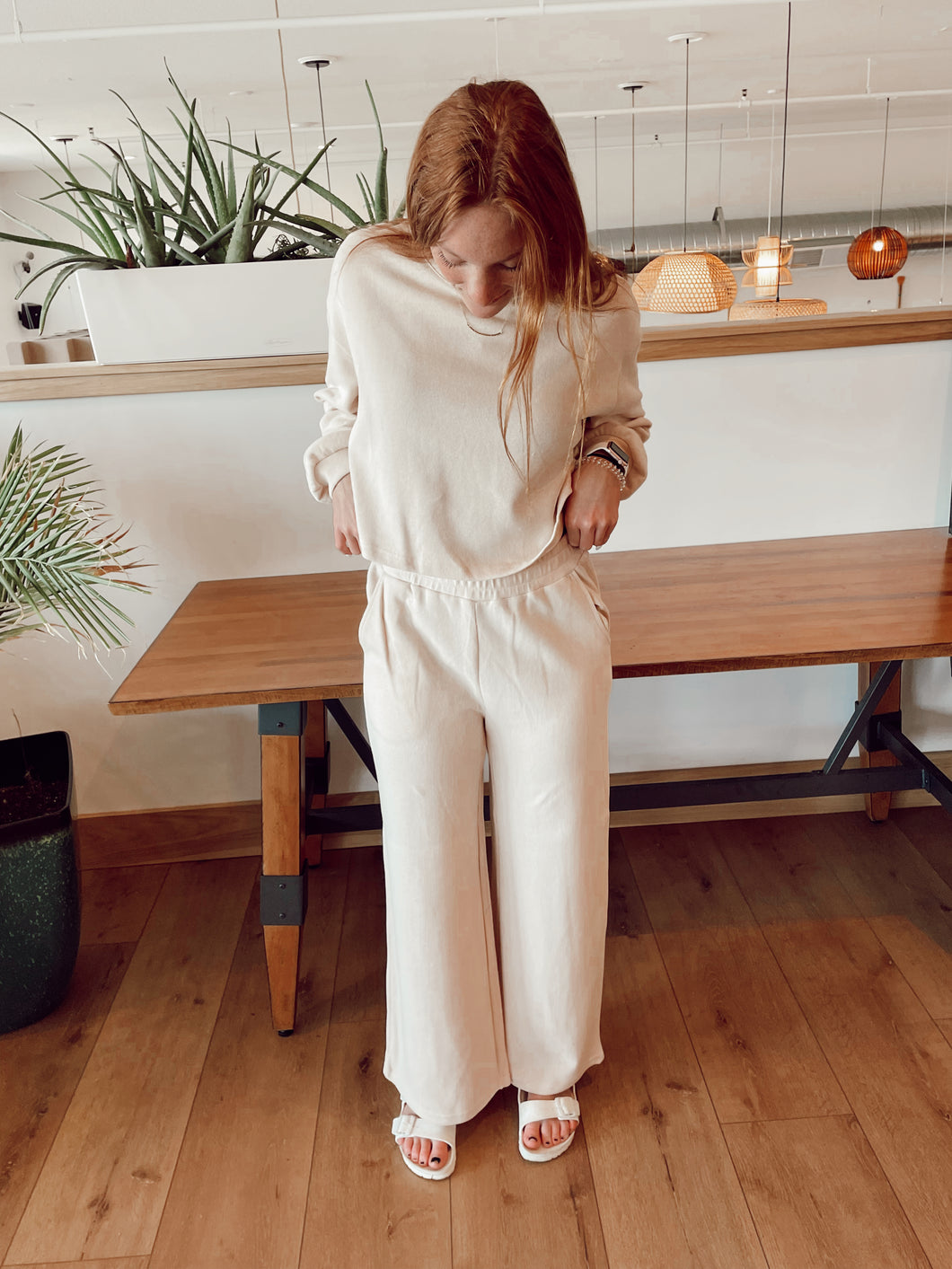 knit top and wide leg pant set
